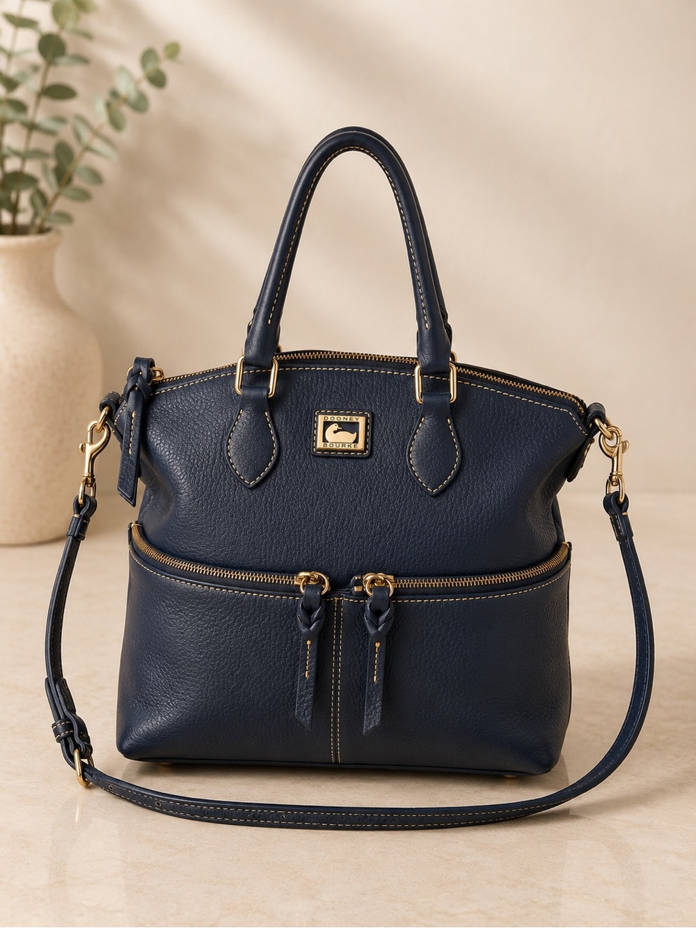 Dooney & Bourke Navy Pebble Leather Satchel Crossbody Bag Gold Hardware